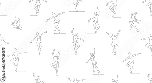 Seamless pattern featuring delicate continuous line drawing of ballet dancers in various poses,
