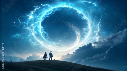 Two silhouetted figures stand on a hill gazing at a swirling bright blue cosmic portal in the night sky