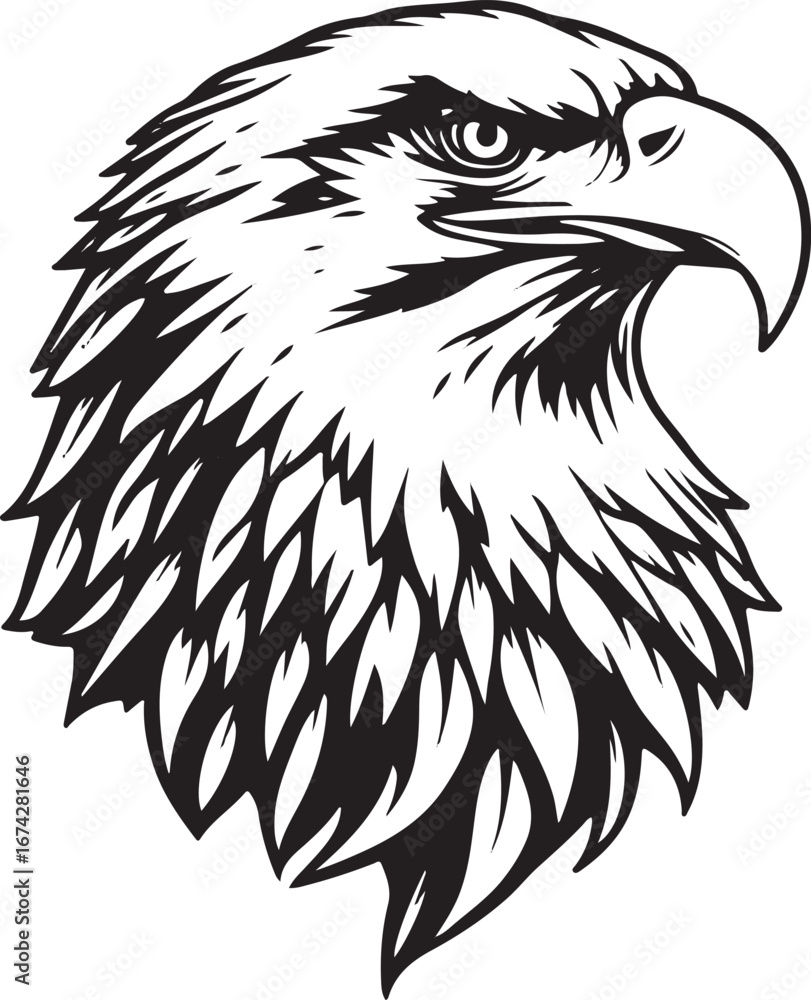 Obraz premium Black and white vector illustration of an eagle head, a powerful symbol of freedom and nature, perfect for a tattoo or design