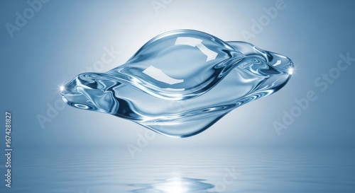 Abstract clear fluid form hovering above rippled surface against light blue backdrop