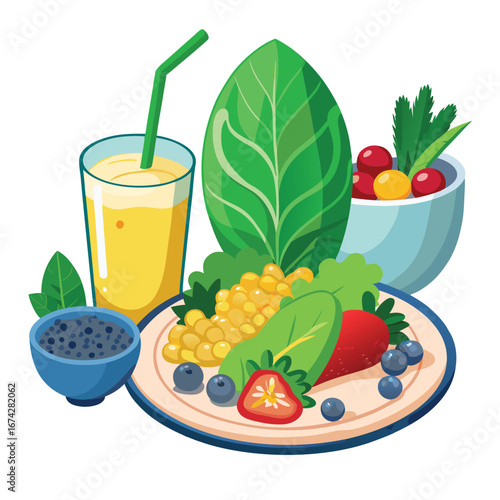 Fresh fruit juice set with assorted fruits and glasses