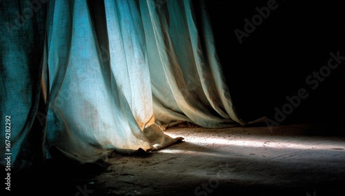 Light filtering through dusty drapes in a dark room