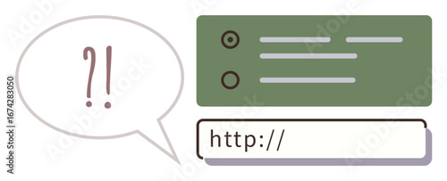 Speech bubble with punctuation expresses confusion near a green dropdown menu and an HTTP entry field. Ideal for technology, communication, software, user error, troubleshooting, website, online