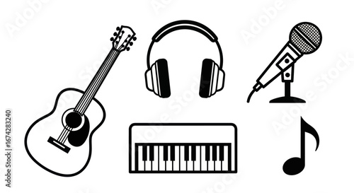 Monochrome musical instrument silhouettes offering versatile design elements