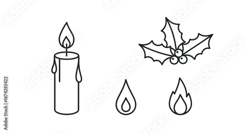 Elegant minimalist linear christmas design with candle flame and holly festive season