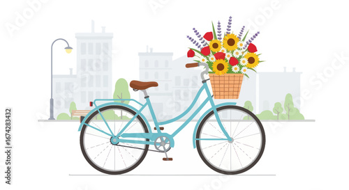 Turquoise bicycle adorned with flowers against a cityscape illustration backdrop