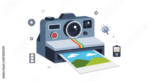 Capturing memories: A stylized illustration of an instant camera processing a vivid landscape