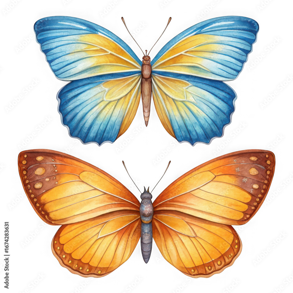 Fototapeta premium Watercolor Blue and Orange Butterfly Set PNG
