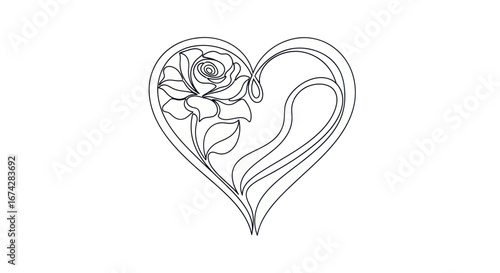 Elegant heart and rose line art design for wedding invitations and love themes