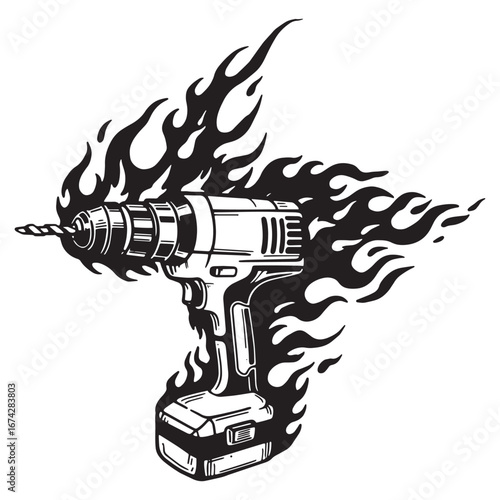 Illustrative depiction of a battery-powered drill engulfed in flames, perfect for construction, DIY, or hardware projects