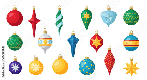 Collection of colorful festive christmas ornaments and baubles for seasonal celebration and