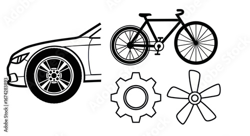 Black and white transportation collection with car bicycle cogwheel and propeller fan