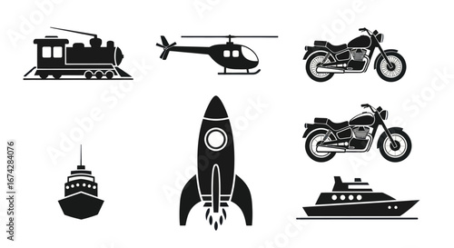 Illustrations presenting different modes of transportation in a monochrome scheme, emphasizing