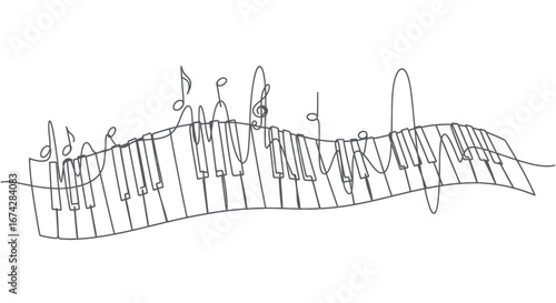 Minimalist piano keys and musical notes outline drawing with a single line design