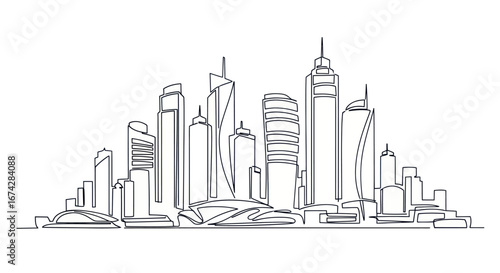 Minimalist continuous line drawing showcasing a modern urban city skyline concept