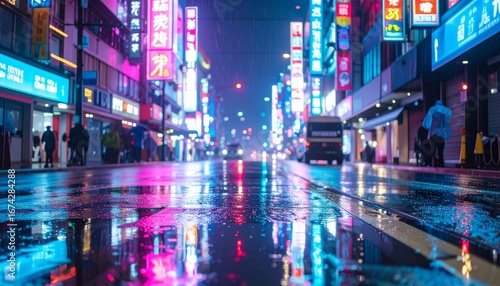 City street vibrant neon lights wet pavement rainy night urban exploration high quality professional