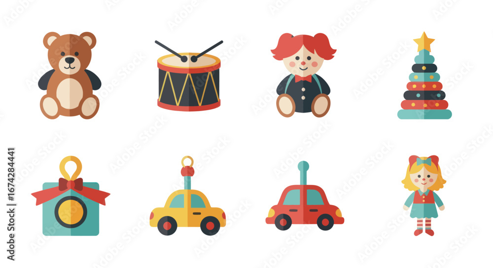Obraz premium Festive assortment of flat design childhood toys on a white backdrop creates a vibrant and playful