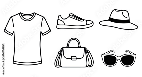 Fashion accessories set line art representing casual everyday apparel design elements