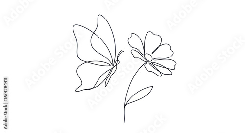 Minimalist continuous line drawing of a butterfly approaching a wildflower blossom