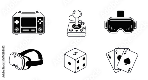 Assorted game devices and playing pieces representing diverse forms of entertainment