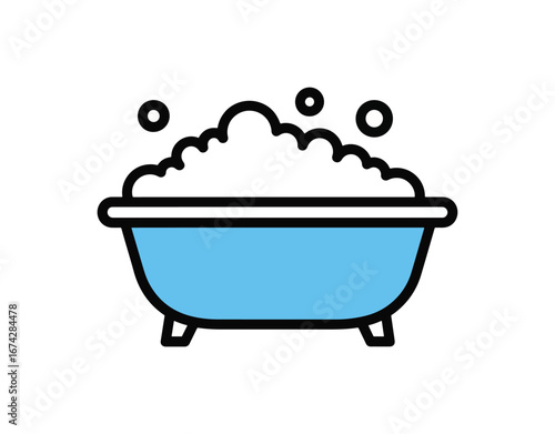 Filled outline icon of a baby bathtub with foam bubbles inside, set against a white background. Vector

