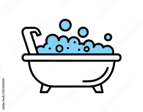 Icon of a baby bathtub filled with foam bubbles, outlined and isolated on a white background. Vector