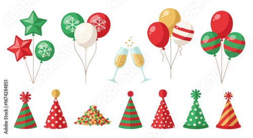 Festive celebration illustration with colorful balloons, party hats, and champagne flutes