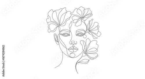 Minimalist floral portrait in single line art captures serene femininity and delicate beauty