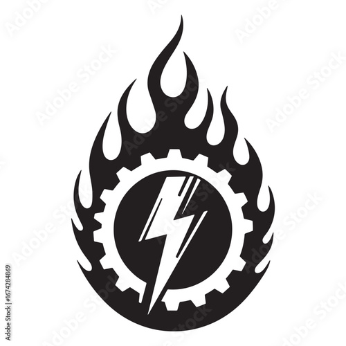 Electric Gear with Flames Symbolizing Power and Energy, Ideal for Industrial and Automotive Brands, Strong Visual for High-Performance Concepts