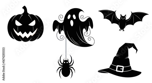 Spooky halloween silhouettes with pumpkin ghost bat spider and witch hat icons