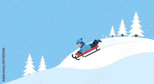 A cheerful scene of a child enjoying a fast descent on a sled in a snowy winter wonderland landscape