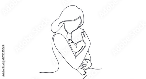 Elegant continuous line drawing showcasing the tender bond between mother and child