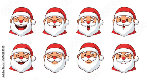 Cartoon Santa Claus faces with different expressions vector illustration for holiday cards and