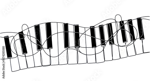 Abstract piano keys in a continuous line drawing creating visual rhythm and melody