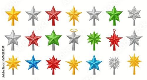 Festive Christmas Tree Topper Collection Brightly Colored in Array of Shapes Decorations