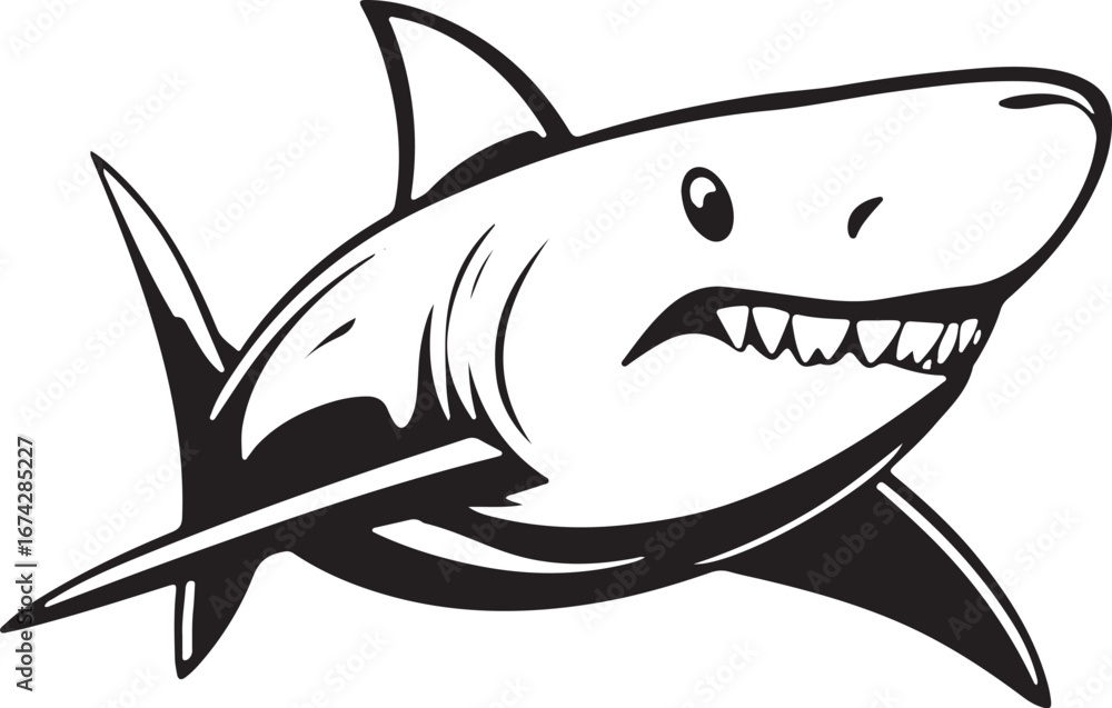 Obraz premium Isolated vector cartoon illustration of a swimming shark with a prominent fin, a wild predator of the blue ocean