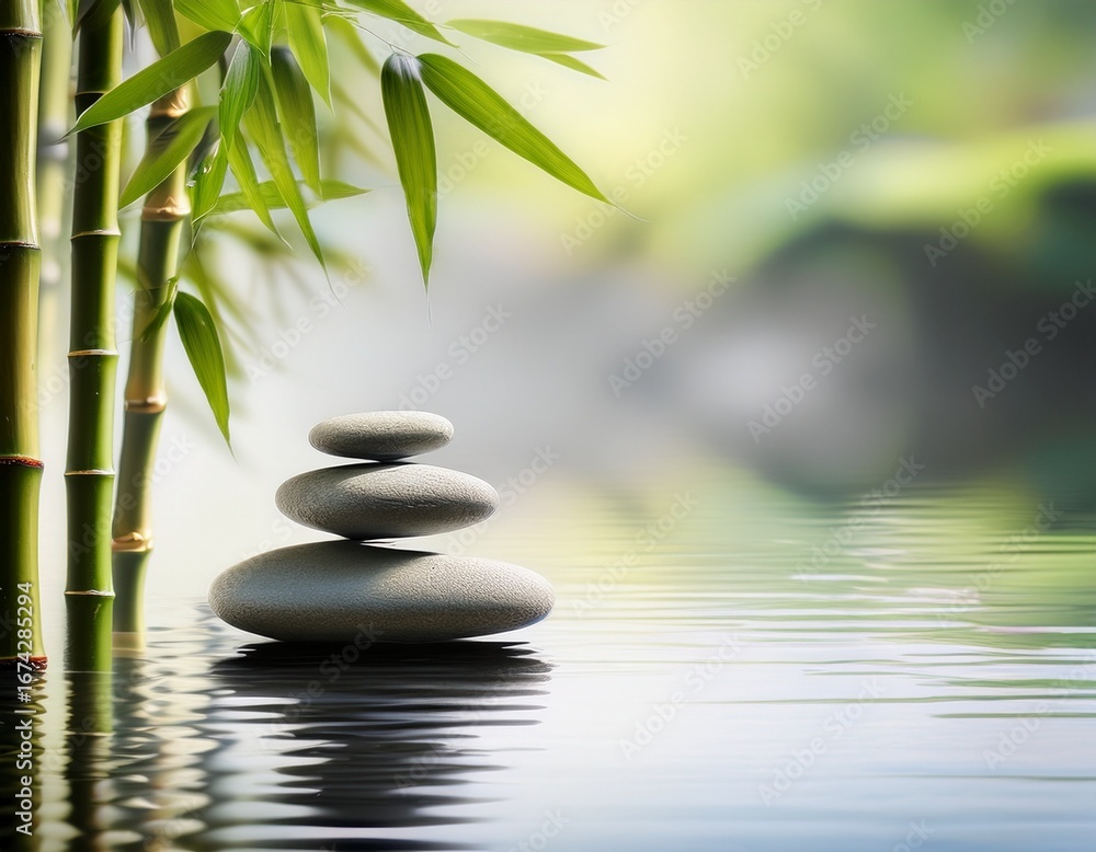 Obraz premium serene zen garden with stacked stones and bamboo against misty water background with copy space