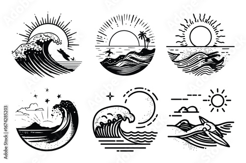 Collection of black and white line art illustrations depicting ocean scenes with waves and suns in various styles