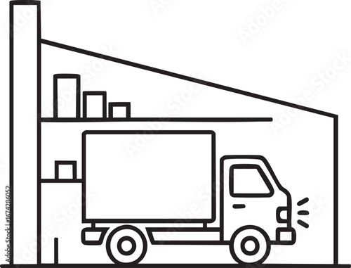 Delivery Truck in Warehouse Line Icon, Cargo Truck with Storage Boxes Inside Warehouse, Warehouse Inventory with Delivery Vehicle