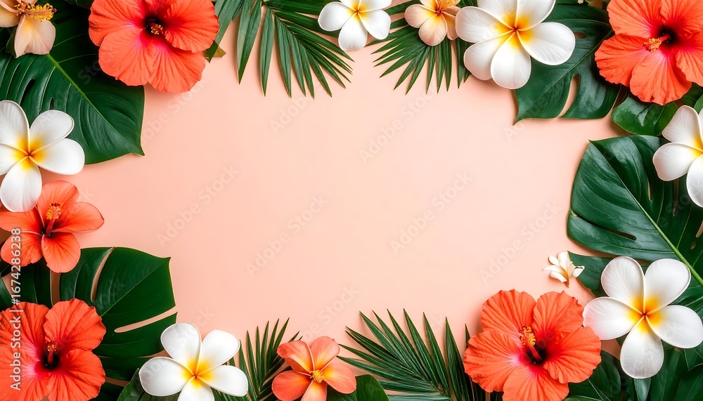 Fototapeta premium Tropical Flowers Frame with Pink Background.