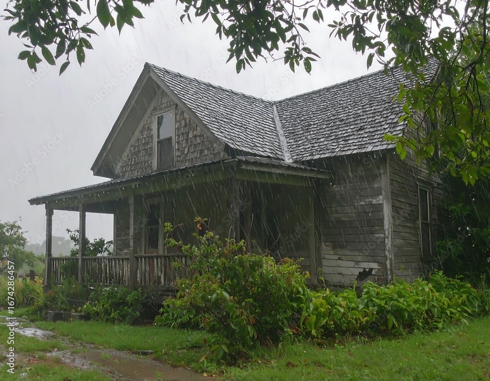 Obraz premium Old house in a rainy landscape