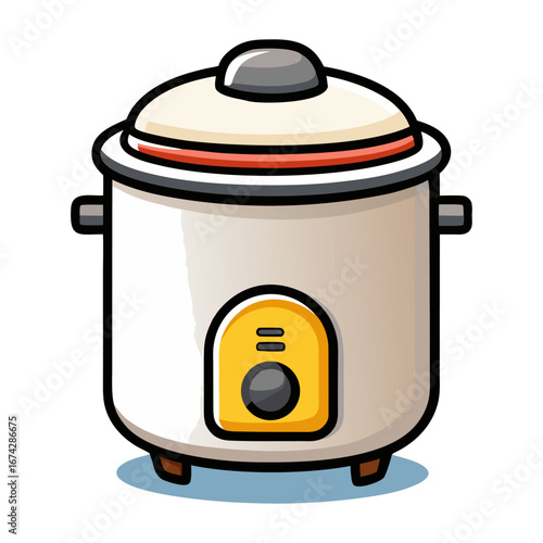Modern rice cooker vector illustration with steaming freshly cooked rice, kitchen appliance design, healthy meal preparation, Asian cooking, home cooking concept