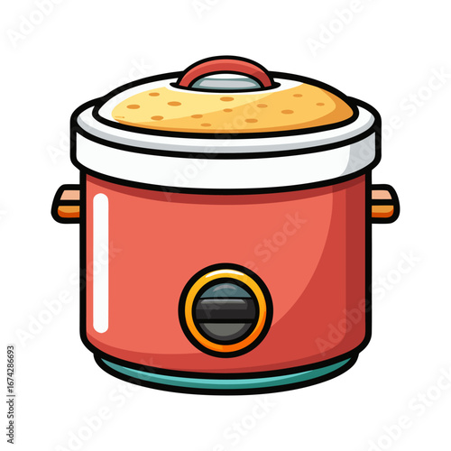 Modern rice cooker vector illustration with steaming freshly cooked rice, kitchen appliance design, healthy meal preparation, Asian cooking, home cooking concept