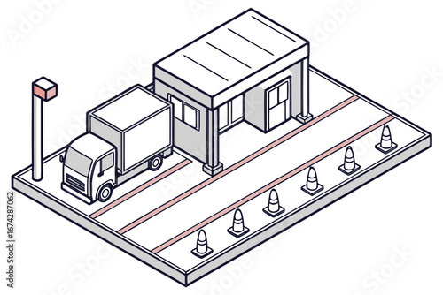 Customs checkpoint with trucks and scanning machines, modern isometric flat illustration style.