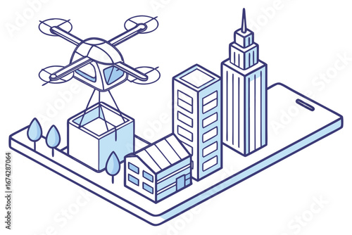 Delivery drone flying over a city skyline carrying a package, modern isometric flat illustration style.