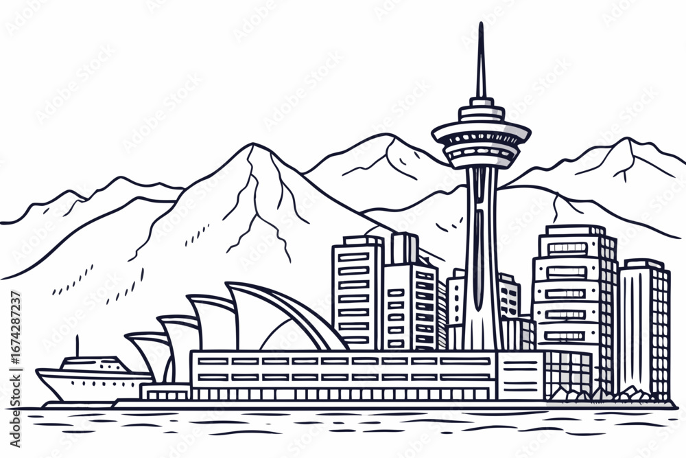 Fototapeta premium Vancouver skyline in linear sketch style, capturing Canada Place, Vancouver Lookout, and coastal mountains, modern flat illustration style.