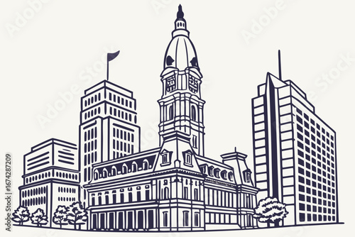 Philadelphia skyline in linear sketch style, highlighting Liberty Bell, City Hall, and modern skyscrapers, modern flat illustration style.