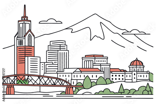Portland skyline in linear sketch style, featuring Hawthorne Bridge, Mt. Hood backdrop, and eclectic architecture, modern flat illustration style.