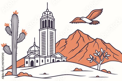 Phoenix skyline in linear sketch style, highlighting Chase Tower, desert landscape, and Camelback Mountain, modern flat illustration style.