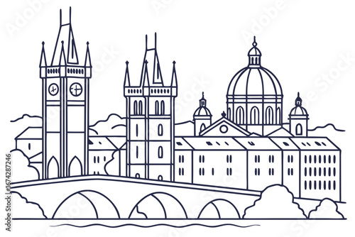 Prague skyline in linear sketch style, highlighting Charles Bridge, Prague Castle, and Astronomical Clock, modern flat illustration style.